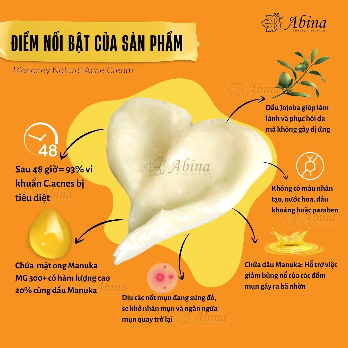Kem mụn mật ong Manuka Biohoney Natural Acne Cream - Tuýp 50g Kem mụn từ mật ong Manuka Acne Cream Biohoney