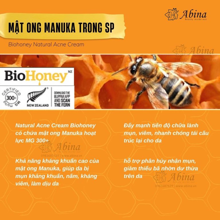 Kem mụn mật ong Manuka Biohoney Natural Acne Cream - Tuýp 50g Kem mụn từ mật ong Manuka Acne Cream Biohoney