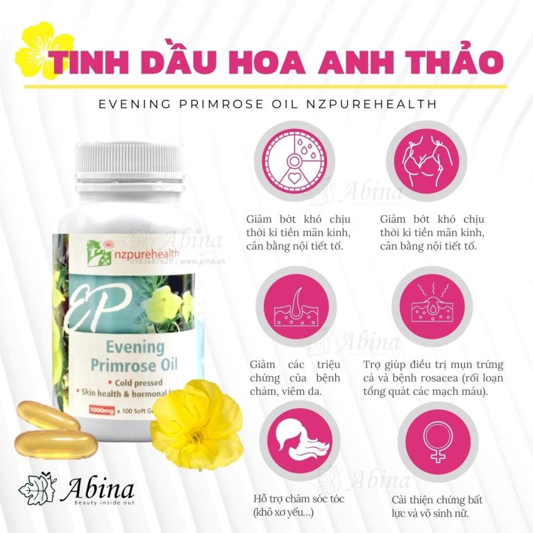Viên hoa anh thảo giúp đẹp da, mượt tóc, cân bằng nội tiết tố nữ NZ Pure Health Evening Primrose Oil 100 viên Công dụng viên Uống Dầu Hoa Anh Thảo NzPurehealth Evening Primrose Oil