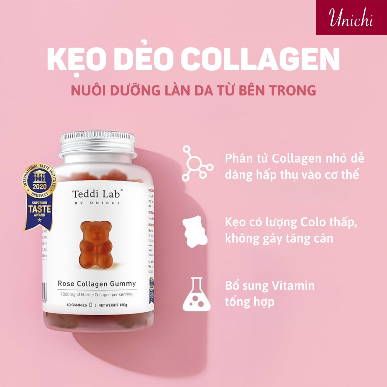 Kẹo dẻo Collagen Unichi Rose Collagen Gummy (60 viên)