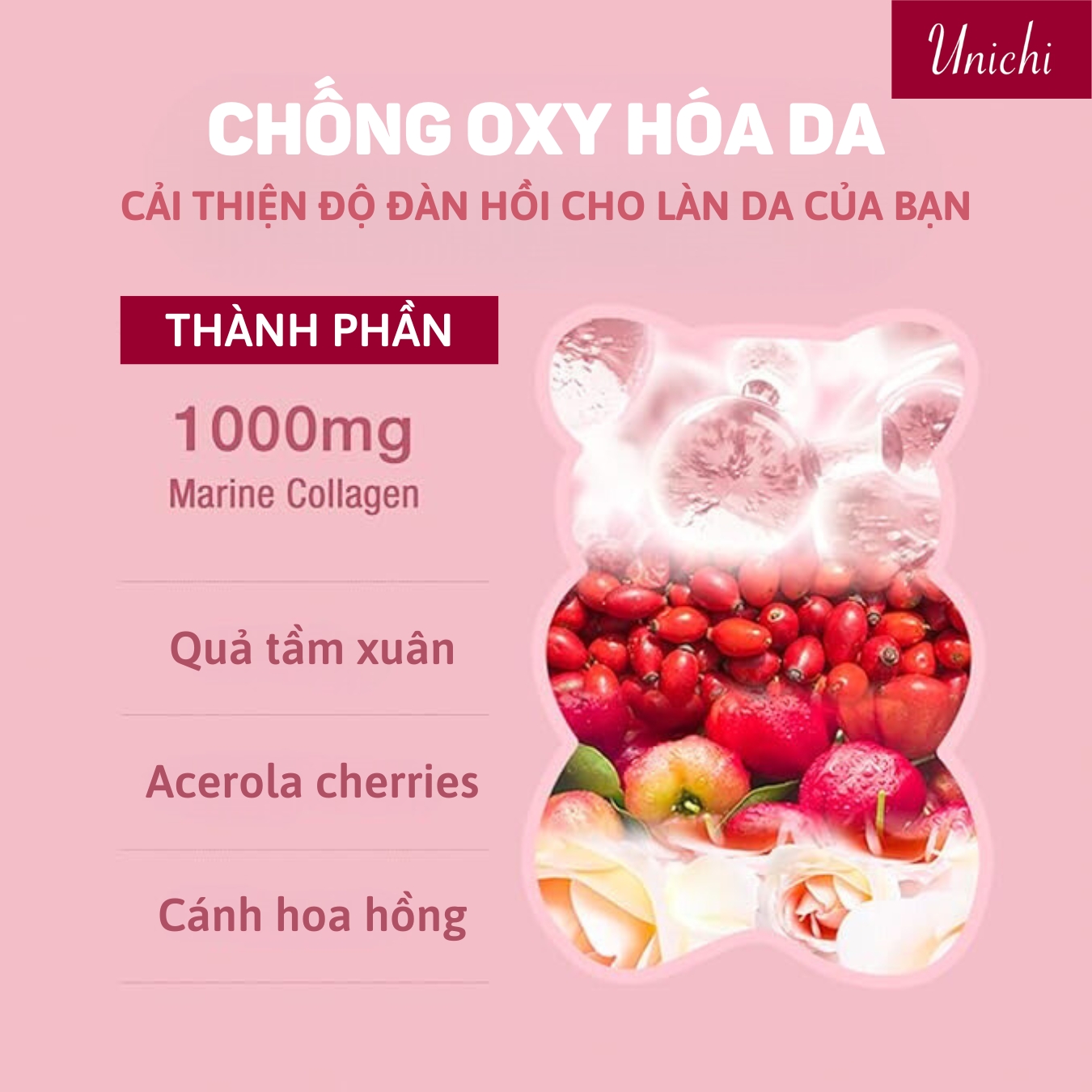 Kẹo dẻo Collagen Unichi Rose Collagen Gummy (60 viên)