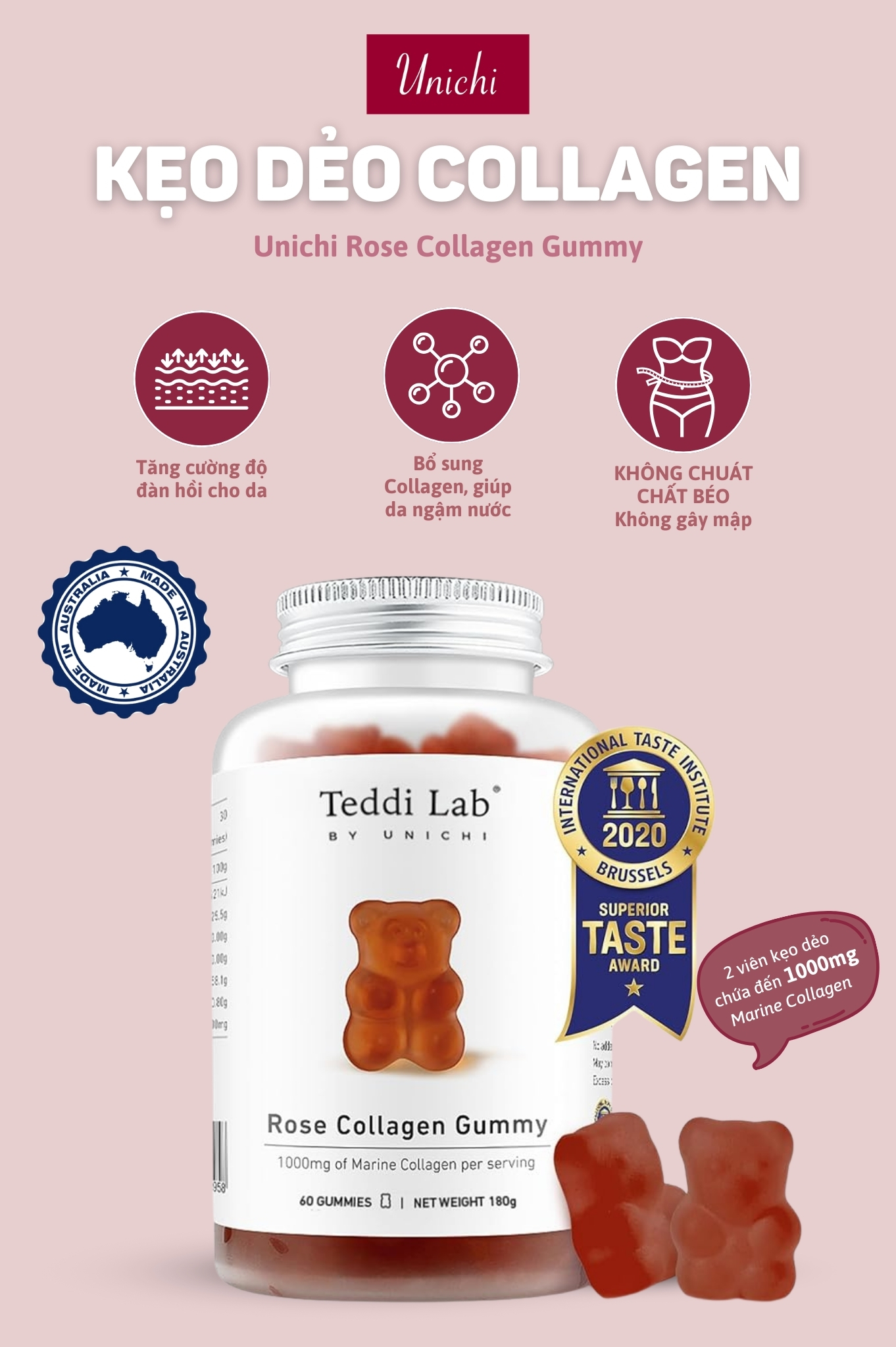 Kẹo dẻo Collagen Unichi Rose Collagen Gummy (60 viên)